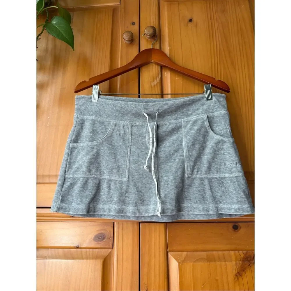 Vintage Y2K Bebe Gray Mini Skirt Womens M Drawstring Made in USA